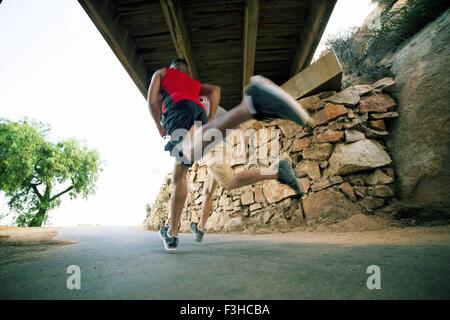 Two male friends, running under bridge, rear view, low angle view Stock Photo