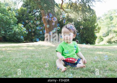 Baby boy sitting on grass watching bubbles in park Stock Photo