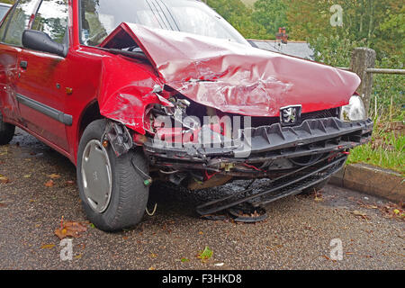 a car badly damaged as a result of an accident Stock Photo