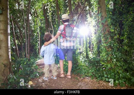 Rear view of two brothers carrying teddy bear and backpack walking in forest Stock Photo