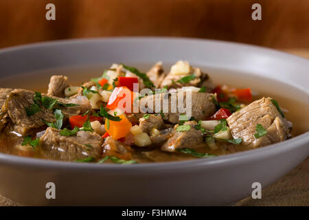 Freshly Made Soup with Beef and Vegetables in gray plate Stock Photo