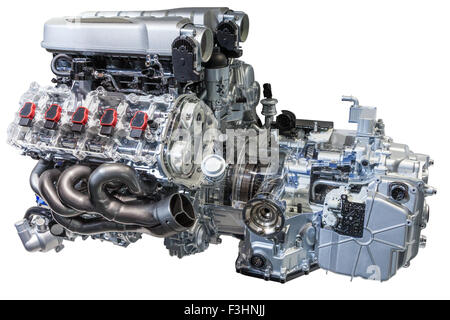 Modern V10 sports car engine with transmission isolated on white Stock Photo