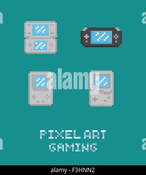 Pixel art vector illustraion retro video game portable console icon set Stock Vector