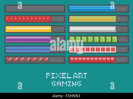 pixel art game development set - progress bar, loading, health points, mana, ammo Stock Vector
