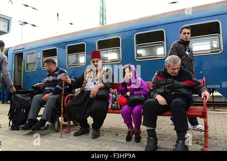 October 6,2015; Hegyeshalom in Hungary. Group of refugees leaving Hungary. They came to Hegyeshalom by train and then they leavi Stock Photo