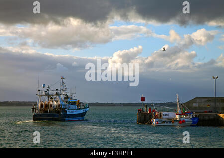 A fishing boat leaving inthe newly renovated Port Oriol harbour, Clogher Head, County Louth, Ireland Stock Photo