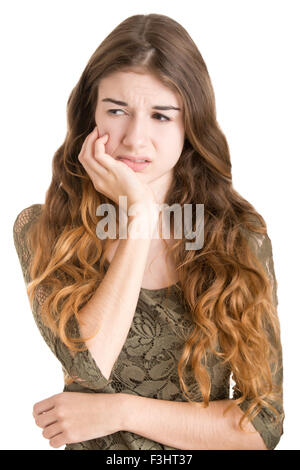 Woman with a tooth ache isolated in white Stock Photo