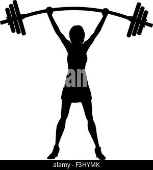 EPS8 editable vector silhouette of a woman easily lifting a heavy weight barbell Stock Vector
