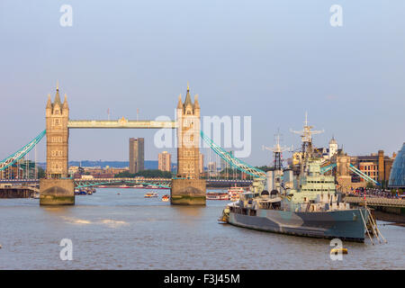 View on the Tower Bridge and HMS Belfast in London. Stock Photo