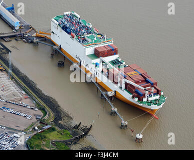 Grimaldi lines Ship loading at Tilbury docks, Thames Estuary, South East England, UK Stock Photo
