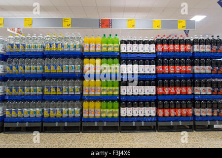 Fizzy drinks on sale in a supermarket. Fizzy drinks cause tooth decay and diabetes. Stock Photo