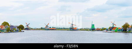 Panoramic view at windmills in Zaanse Schans, Netherlands Stock Photo