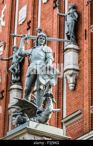 Boy with the sword and dragon; an architectural detail of the House of Blackheads, Riga, Latvia Stock Photo