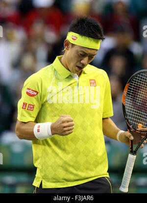 Tokyo, Japan. 7th Oct, 2015. Kei Nishikori (JPN) Tennis : Kei Nishikori of Japan celebrates during the men's singles second round match of the Rakuten Japan Open Tennis Championships 2015 at Ariake Coliseum in Tokyo, Japan . Credit:  Motoo Naka/AFLO/Alamy Live News Stock Photo