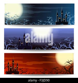 Set of three banners or headers with Halloween landscape. Holiday backgrounds with place for your text. Stock Vector
