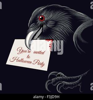 The raven with invitation card to Halloween Party in a beak. Free font used. Stock Vector