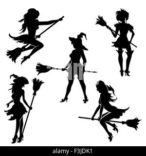 Set of Halloween witches with broom. Black silhouettes on white background. Stock Vector