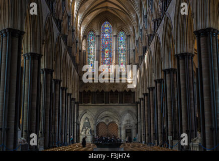 West window at Salisbury cathedral, a medieval thirteenth century gothic christian place of worship. Stock Photo