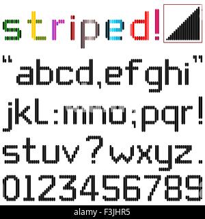 Lower case alphabets, numerals and punctuation characters in computer font with vertical stripes. Spare stripes included. Stock Vector