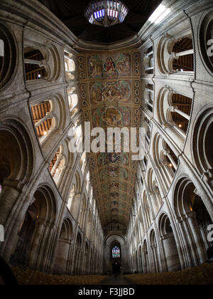 A fisheye lens view of the nave of Ely Cathedral in Cambridgeshire, England, UK, showing typical fisheye lens distortion. Stock Photo