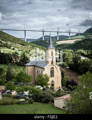 Six towers of the Millau Viaduct in Millau, Averyron, France. The highest bridge in the world. Viewed from the village of Peyre. Stock Photo