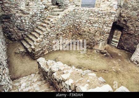 Ruins of beautiful castle Hrusov in Slovak republic, Europe. Stone stairs in the courtyard. Stock Photo