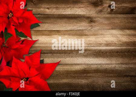 Christmas background composed of wood planks and poinsettia, with warm colors and nice vignetting Stock Photo