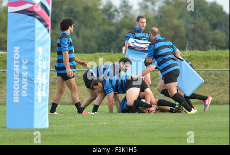 Manchester, UK. 8th October, 2015. The Uruguay squad train at Broughton Park Rugby Club in preparation for their match against England on 10th October with neither side able to qualify for the quarter-finals. Rugby World Cup - Uruguay Training Session Manchester UK Credit:  John Fryer/Alamy Live News Stock Photo