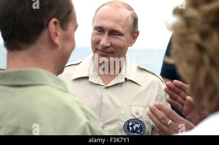 Russian President Vladimir Putin back on shore after a trip aboard a bathyscaphe underwater mini-submarine into the Black sea to see the wreckage of a sunk ancient merchant ship  August 18, 2015 near Sevastopol, Crimea. Stock Photo