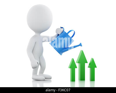 3d renderer image. White business people watering green arrows. Success concept. Isolated white background Stock Photo