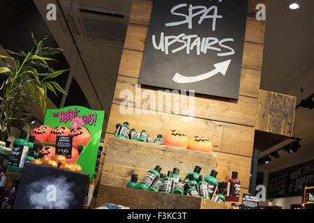 A colourful display of scented smelly soaps & bath bombs in the Lush store shop, Liverpool, Merseyside, UK. Stock Photo