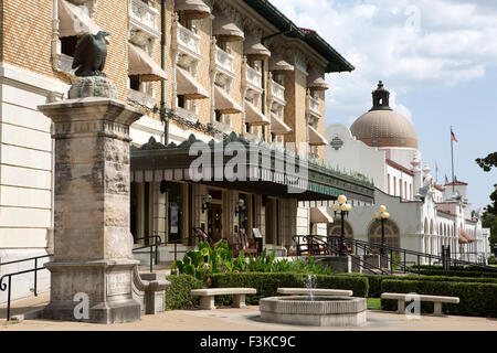 Bathhouse Row in Hot Springs National Park, Arkansas is a line of old bathhouses where people come to bath in the hot mineral sp Stock Photo