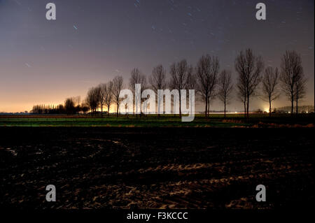 Nocturnal moonlit landscape at Meetjesland Stock Photo