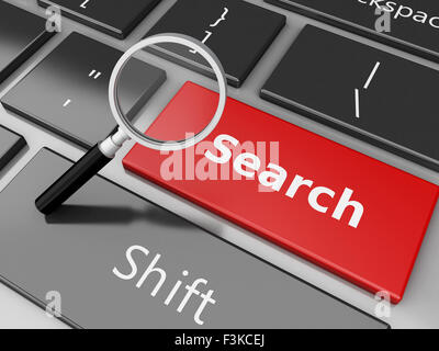 3d renderer image. Magnifying glass on the computer keyboard. Search concept. Stock Photo