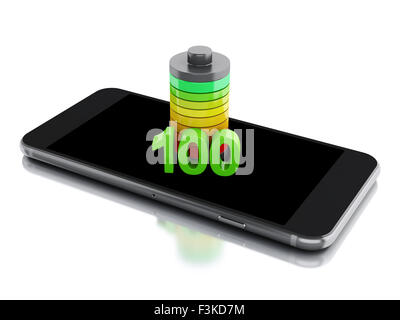 3d renderer image. Smartphone and battery charge. Mobile phone charging concept. Isolated white background Stock Photo