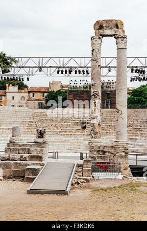 Theatre Antique, Roman Ruins, Arles, France, with last remaining columns known as 'two widows' Stock Photo