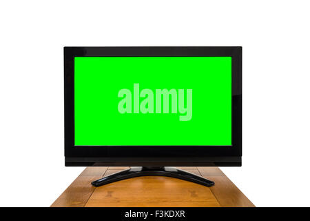 Modern television isolated on white with chroma key green screen. Stock Photo