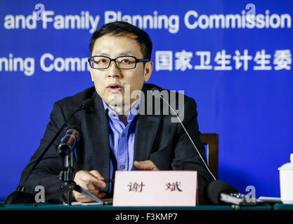 (151009) -- BEIJING, Oct. 9, 2015 (Xinhua) -- Xie Bin, Secretary of the Chinese Communist Party Committee of Shanghai Mental Center, answers questions during a press conference by the National Health and Family Planning Commission on the work of mental health in China in Beijing, capital of China, Oct. 9, 2015. (Xinhua/Shen Bohan)(wjq) Stock Photo