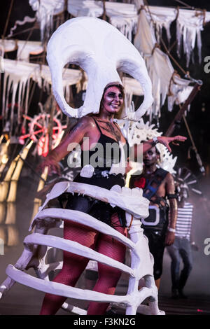 Ghost ship float and dancers at the Cape Carnival 2013, Fanfare street in GreenPoint subdivision,  Cape Town, South Africa Stock Photo