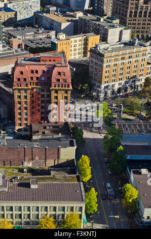 Aerial view of the historic Dominion building in Vancouver, as well as other buildings in downtown Eastside. View from Lookout Stock Photo