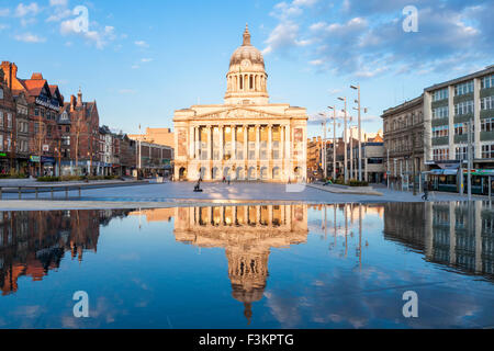 Nottingham city centre. The Old Market Square in the centre of Nottingham, England, UK with the Council House lit by the evening sun. Stock Photo