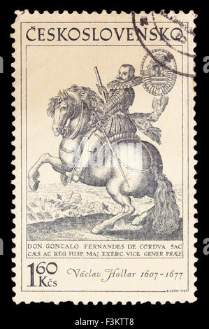 CZECHOSLOVAKIA - CIRCA 1969: A postage stamp printed in Czechoslovakia shows a portrait of Wenceslaus Hollar riding a horse Stock Photo