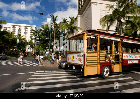 Waikiki Trolly, tourist bus shopping that runs between Waikiki and Honolulu. O'ahu. Waikiki Trolley Trolley is an Oahu-based tra Stock Photo