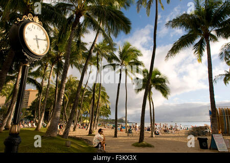 Waikiki Beach Clock Palm Trees Honolulu Oahu Hawaii. O'ahu. Hawaii. Located on the south shore of Honolulu, the world-famous nei Stock Photo