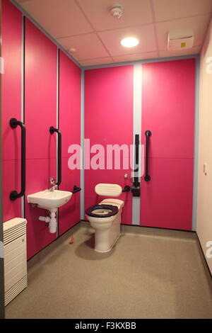 a disabled toilet in a new London primary school showing toilet, basin and grab handles Stock Photo