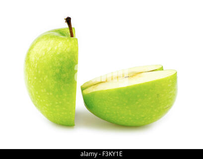 Closeup macro of two halves of a perfectly cut green apple Stock Photo