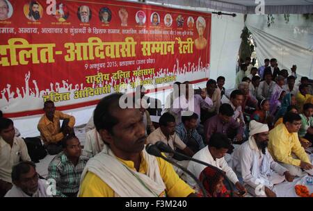 Allahabad, India. 09th Oct, 2015. Bahujan Samaj Party (BSP) members during the Dalit Sammelan on the occasion of BSP founder Kashiram Jayanti birth anniversary. The Bahujan Samaj Party (BSP) is a national political party in India. It was formed mainly to represent Bahujans (literally meaning 'People in majority'), referring to people from the Scheduled Castes, Scheduled Tribes and Other Backward Castes (OBC) as well as minorities. © Amar Deep/Pacific Press/Alamy Live News Stock Photo