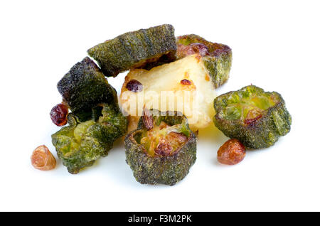 Macro closeup of fried okra with cumin and potato isolated on white Stock Photo