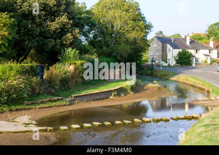 South Pool, Devon, UK. Pedestrian stepping stones across river in pretty village Stock Photo