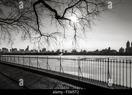 Black and White photograph of New York in winter, The Reservoir in Central Park and Upper West Side, NYC. Stock Photo